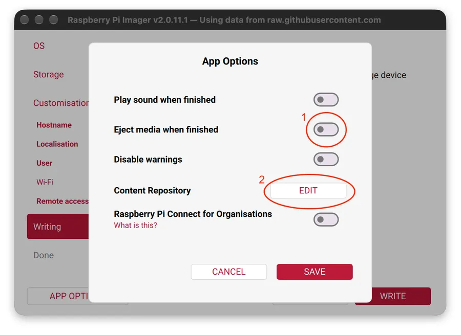 Raspberry Pi Imager's App Options dialog with Eject media when finished switched off and the Content Repository Edit button circled